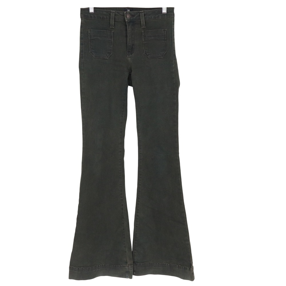 Just Black Jeans Womens 28 Flare Dark Olive Green High Rise Patch Pocket